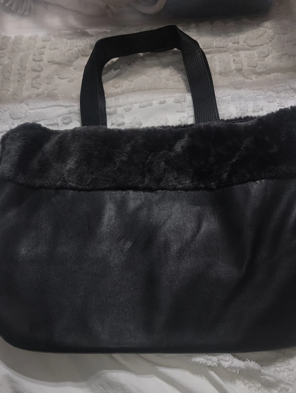 Lisa Conte Italy Black Lambskin & Pebbled Leather tote Featuring Shearling Fur
